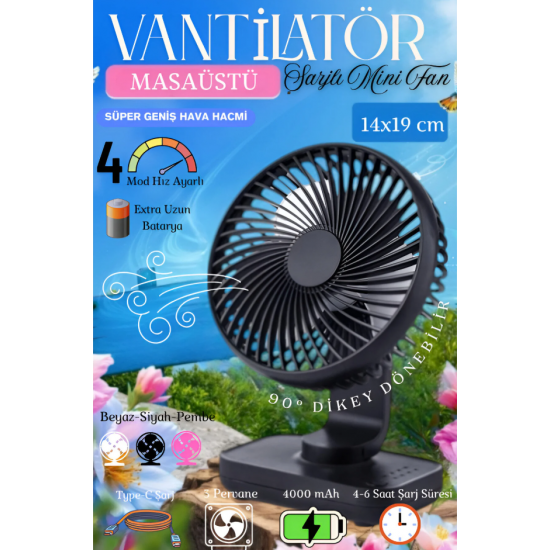 Mini Soğutucu Vantilatör Type-C Şarjlı Masa Üstü Fan Taşınabilir 4 Mod Hız Ayarlı Pervane (SİYAH)