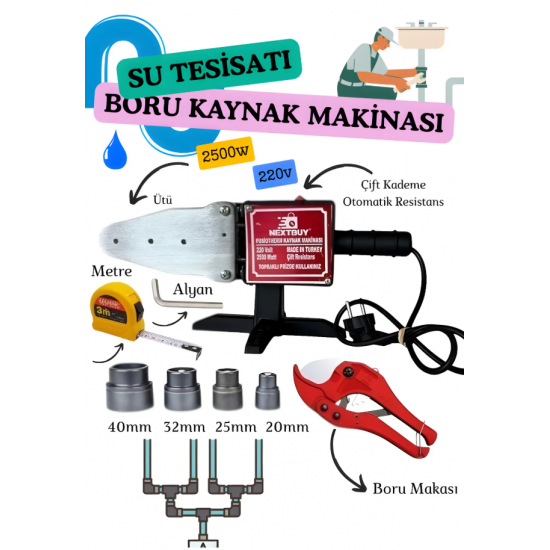 2500W Su Tesisatı Plastik Boru Kaynak Makinesi Çift Kademe Çantalı Makas Pafta Ucu Alyan Metre Seti