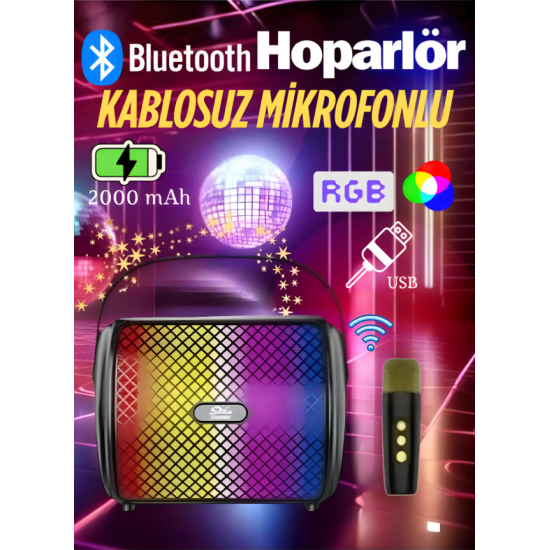 Mini Kablosuz Mikrofonlu Bluetooth Hoparlör Multi-Medya Karaoke RGB LED Su Geçirmez Ses Bombası