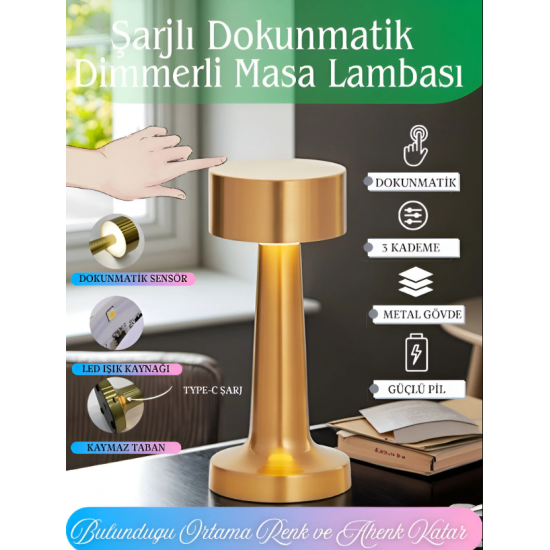 Dokunmatik Masa ve Gece Lambası Dekoratif Şarjlı Retro Abajur Led Oda Dimmerli Aydınlama Işığı