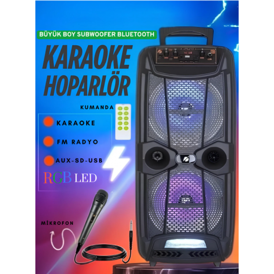 Büyük Boy Karaoke Speaker Mikrofonlu Bluetooth Hoparlör Extra Bass-Tweeter Subwoofer Ses Bombası