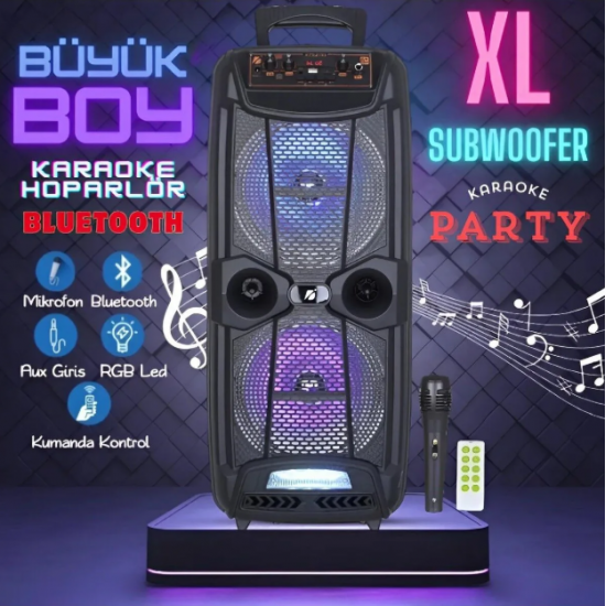 Büyük Boy Karaoke Speaker Mikrofonlu Bluetooth Hoparlör Extra Bass-Tweeter Subwoofer Ses Bombası