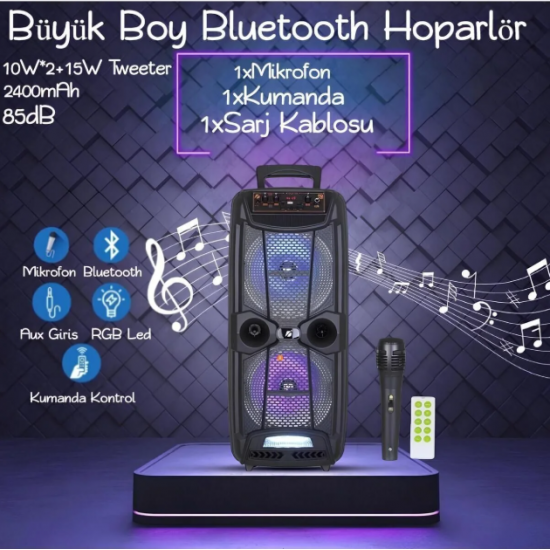 Büyük Boy Karaoke Speaker Mikrofonlu Bluetooth Hoparlör Extra Bass-Tweeter Subwoofer Ses Bombası