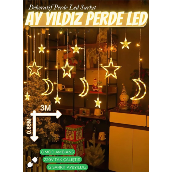 Ay Yıldız Perde Led 8 Mod Saçaklı Perde Pencere Balkon Duvar Işık Dekoratif Peri Lamba Led Işığı