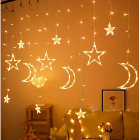 Ay Yıldız Perde Led 8 Mod Saçaklı Perde Pencere Balkon Duvar Işık Dekoratif Peri Lamba Led Işığı