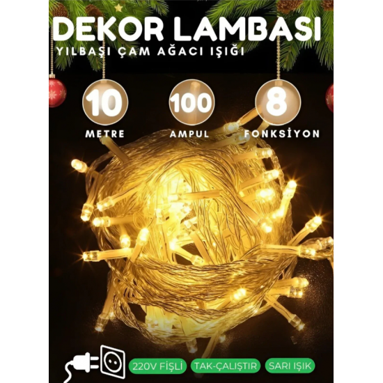 10 MT Led Işık Aydınlatma Yılbaşı Çam Ağacı Süsleme 100 Ampul 8 Modlu Fişli Dekor Lambası