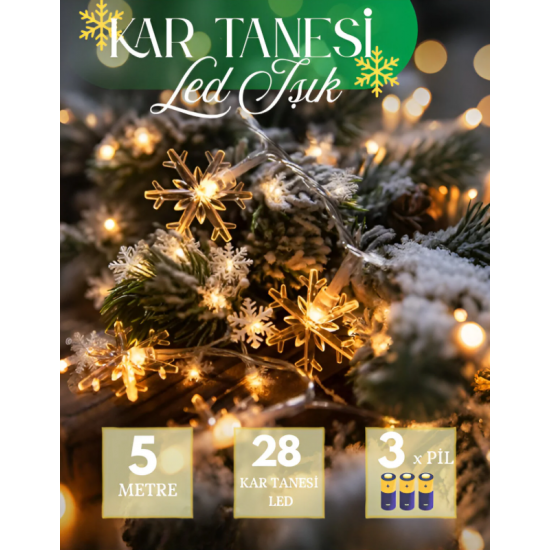 Kar Tanesi Led Işık 5 Metre 28 Led 3x Pilli Süsleme Yılbaşı Aydınlatma Sarkıt Dizeleri Gün Işığı