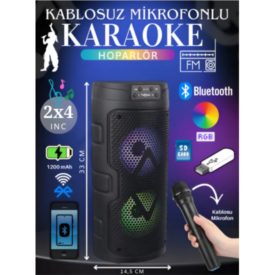 Bluetooth Hoparlör Kablosuz Mikrofonlu Karaoke Speaker Ses Bombası RGB Işıklı Radyo Usb Sd Girişli