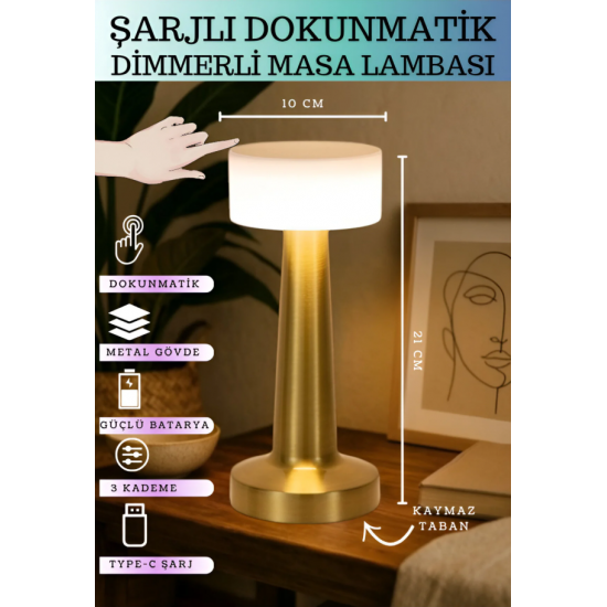 Dokunmatik Masa ve Gece Lambası Dekoratif Şarjlı Retro Abajur Led Oda Dimmerli Aydınlama Işığı