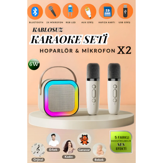 Mini Karaoke Bluetooth Hoparlör 2x Kablosuz Mikrofonlu Rgb Led Işıklı 5 Efektli Şarjlı Ses Bombası