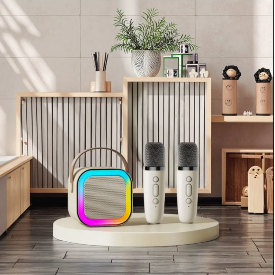 Mini Karaoke Bluetooth Hoparlör 2x Kablosuz Mikrofonlu Rgb Led Işıklı 5 Efektli Şarjlı Ses Bombası
