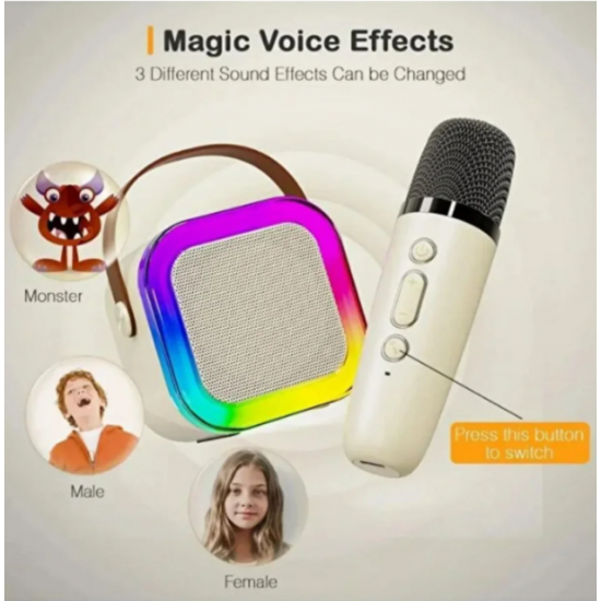 Mini Karaoke Bluetooth Hoparlör 2x Kablosuz Mikrofonlu Rgb Led Işıklı 5 Efektli Şarjlı Ses Bombası