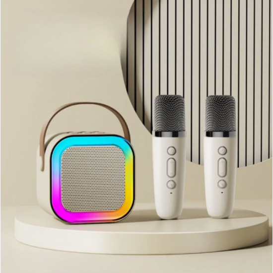 Mini Karaoke Bluetooth Hoparlör 2x Kablosuz Mikrofonlu Rgb Led Işıklı 5 Efektli Şarjlı Ses Bombası