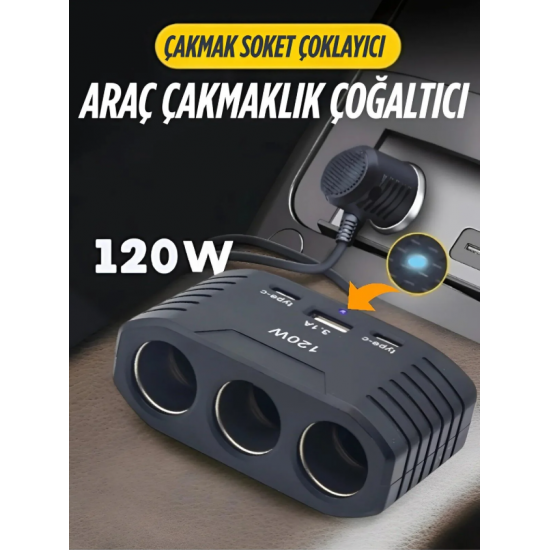 3 lü Çakmak Soketi 120W Çakmaklık Çoğaltıcı 1Usb 2Type-C Araç Şarj Cihazı Çakmak Çoklayıcı Çoğaltıcı