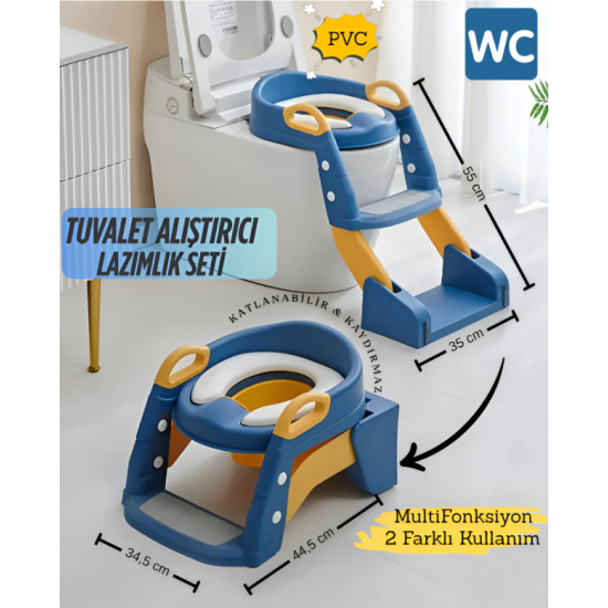 Tuvalet Eğitim Alıştırma Koltuğu Tutma Kollu Ayarlanabilir Lazımlık Klozet Pisuvar Kapağı Adaptörü(SARI LACİVERT)