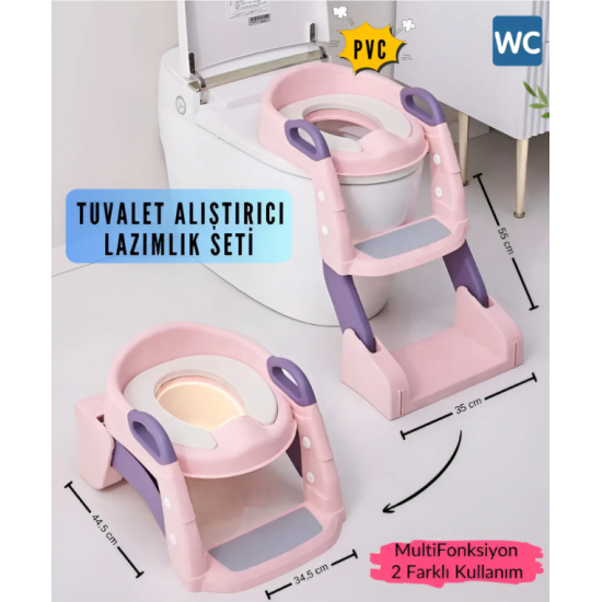 Tuvalet Eğitim Alıştırma Koltuğu Tutma Kollu Ayarlanabilir Lazımlık Klozet Pisuvar Kapağı Adaptörü(pembe)