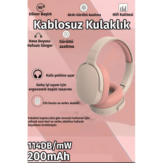 Bluetooth Kulaklık iOS Android Uyumlu Yüksek Ses Kalitesi Mikrofonlu Oyuncu SD Kartlı Pembe