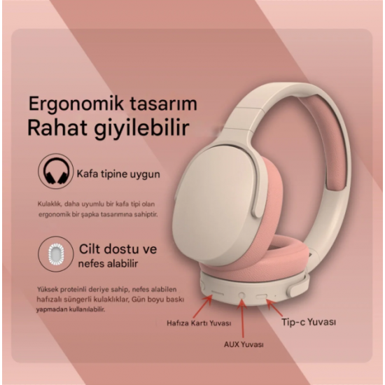 Bluetooth Kulaklık iOS Android Uyumlu Yüksek Ses Kalitesi Mikrofonlu Oyuncu SD Kartlı Pembe
