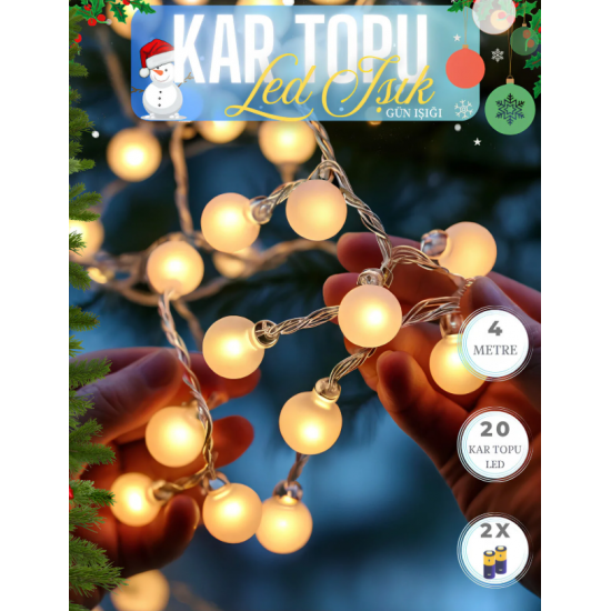 Kar Topu Led Işık 4 Metre 20 Led 2x Pilli Süsleme Yılbaşı Aydınlatma Sarkıt Dizeleri Gün Işığı