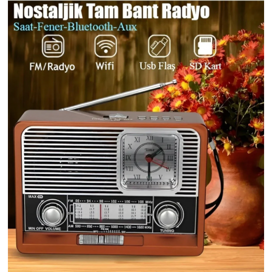Nostaljik Vintage Tam Bant Fm Radyo USB/AUX/SD Retro Bluetooth Hoparlör Saatli Fenerli Müzik Kutusu