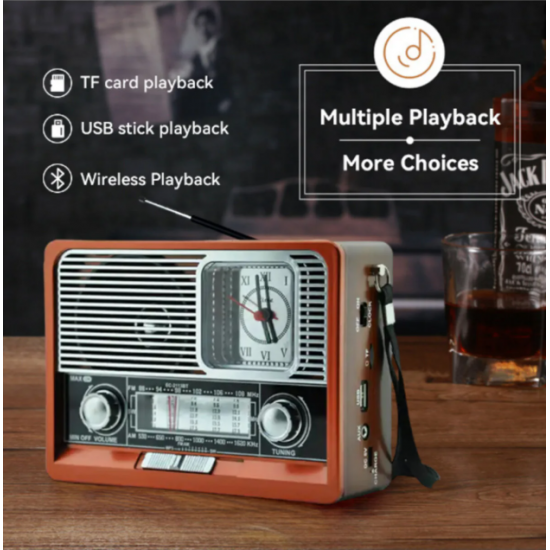 Nostaljik Vintage Tam Bant Fm Radyo USB/AUX/SD Retro Bluetooth Hoparlör Saatli Fenerli Müzik Kutusu