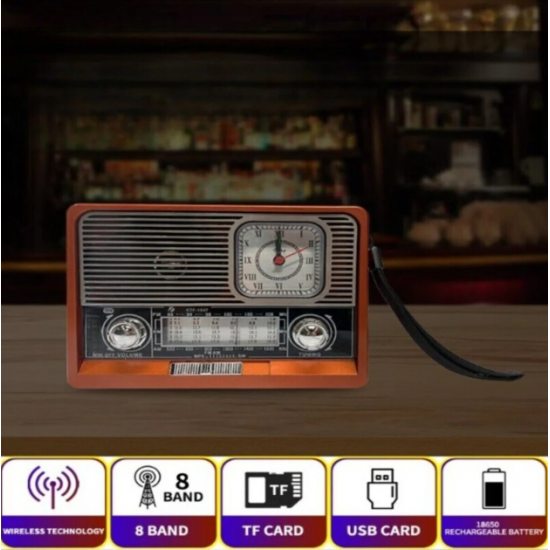 Nostaljik Vintage Tam Bant Fm Radyo USB/AUX/SD Retro Bluetooth Hoparlör Saatli Fenerli Müzik Kutusu