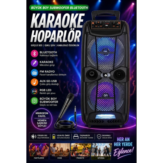 Büyük Boy Karaoke Speaker Mikrofonlu Bluetooth Hoparlör Extra Bass-Tweeter Subwoofer Ses Bombası