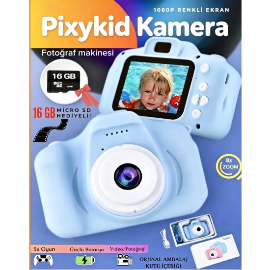 PixyKid™ Kamera Fotoğraf Makinesi (16GB hafıza kartlı) Mavi