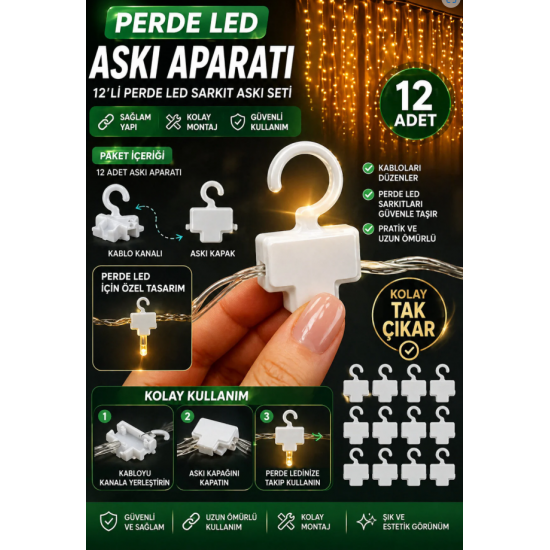 12 Adet Perde Led Tüm Sarkıt Işıklar İçin Uygun Kablo Gizleme Asma Kancası Askı Aparatı