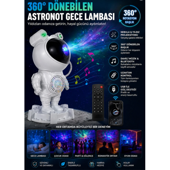 Astronot Projektör Gece Lambası Galaxy Gökyüzü Projeksiyon Kumandalı Samanyolu Aydınlatma