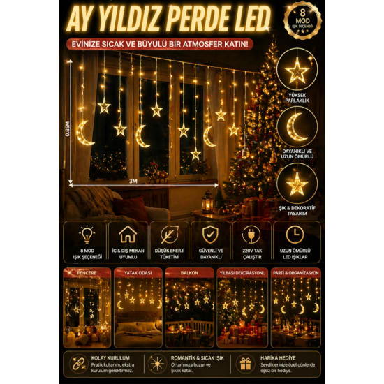 Ay Yıldız Perde Led 8 Mod Saçaklı Perde Pencere Balkon Duvar Işık Dekoratif Peri Lamba Led Işığı