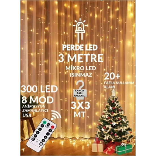 300 Ledli 10 Sarkıt Perde Led Işık-8 Fonksiyon, Uzaktan Kumandalı, 3x3 Metre