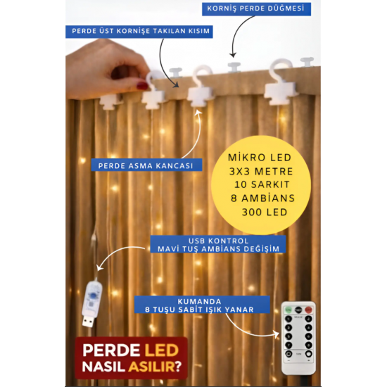 300 Ledli 10 Sarkıt Perde Led Işık-8 Fonksiyon, Uzaktan Kumandalı, 3x3 Metre