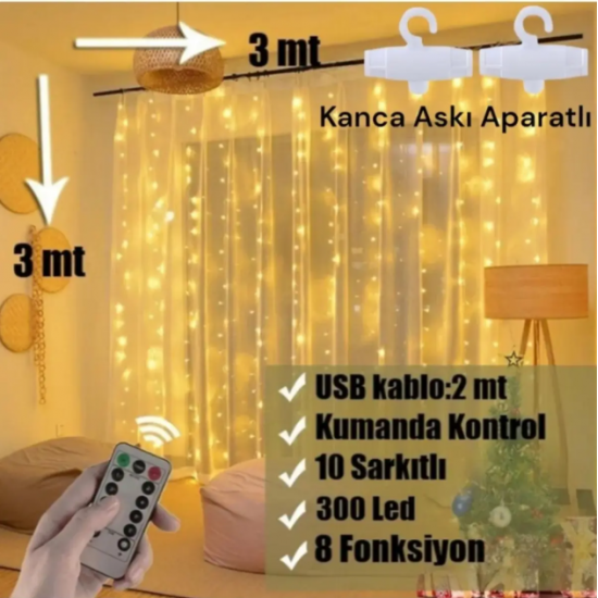 300 Ledli 10 Sarkıt Perde Led Işık-8 Fonksiyon, Uzaktan Kumandalı, 3x3 Metre
