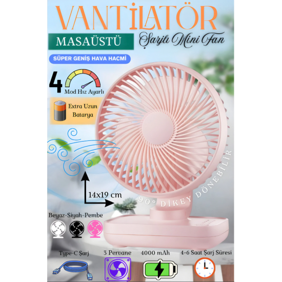 Mini Soğutucu Vantilatör Type-C Şarjlı Masa Üstü Fan Taşınabilir 4 Mod Hız Ayarlı Pervane (PEMBE)