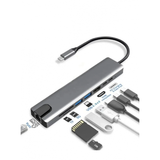 8in1 Type-C Hub Port  Uyumlu Adaptör HDMI USB Kart Okuyucu Ethernet Pd Girişli Macbook Çevirici Gri