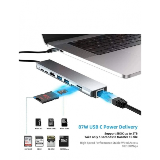 8in1 Type-C Hub Port  Uyumlu Adaptör HDMI USB Kart Okuyucu Ethernet Pd Girişli Macbook Çevirici Gri