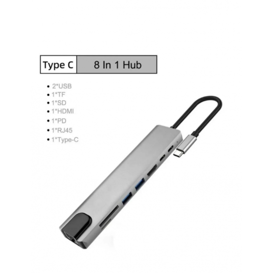 8in1 Type-C Hub Port  Uyumlu Adaptör HDMI USB Kart Okuyucu Ethernet Pd Girişli Macbook Çevirici Gri