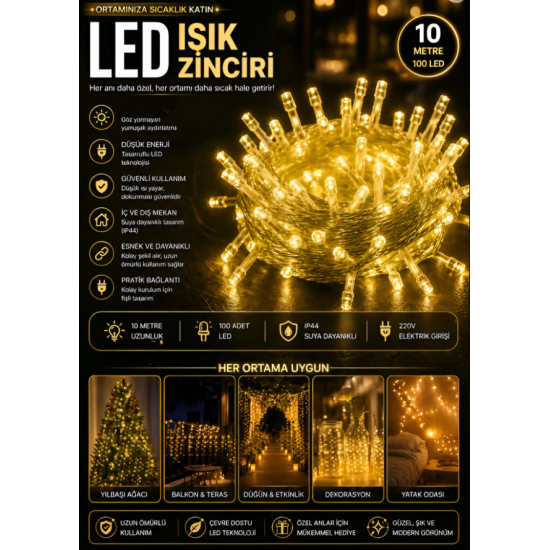 10 MT Led Işık Aydınlatma Yılbaşı Çam Ağacı Süsleme 100 Ampul 8 Modlu Fişli Dekor Lambası