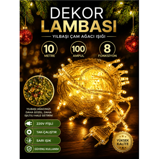 10 MT Led Işık Aydınlatma Yılbaşı Çam Ağacı Süsleme 100 Ampul 8 Modlu Fişli Dekor Lambası
