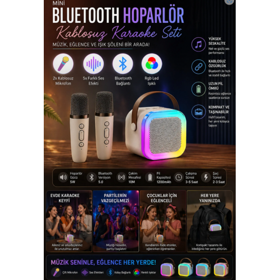 Mini Karaoke Bluetooth Hoparlör 2x Kablosuz Mikrofonlu Rgb Led Işıklı 5 Efektli Şarjlı Ses Bombası