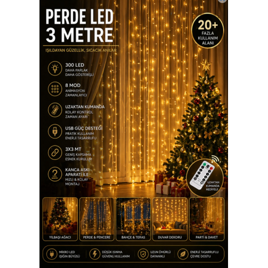 300 Ledli 10 Sarkıt Perde Led Işık-8 Fonksiyon, Uzaktan Kumandalı, 3x3 Metre