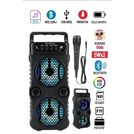 Karaoke Bluetooth Hoparlör Taşınabilir Kablosuz Usb SubWoofer RGB Işık Fm Sd Mikrofonlu Ses Bombası
