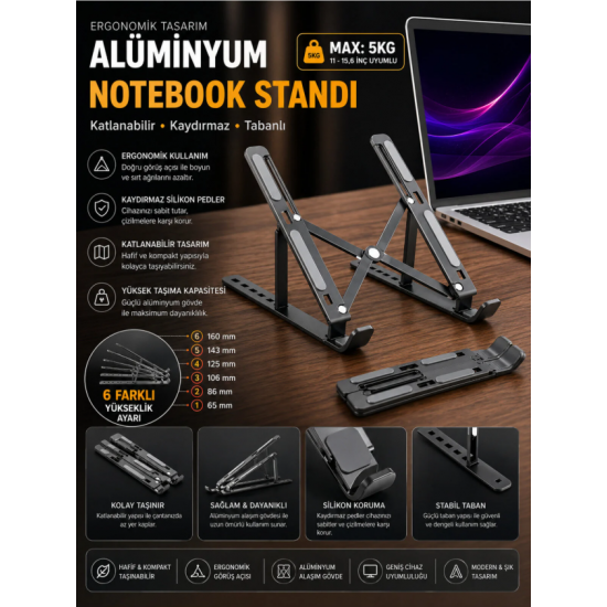 Kademeli Ayarlanabilir Metal Laptop Standı Macbook/notebook Katlanabilir, Hafif  ve kaymaz Tablet Tutucu (siyah)