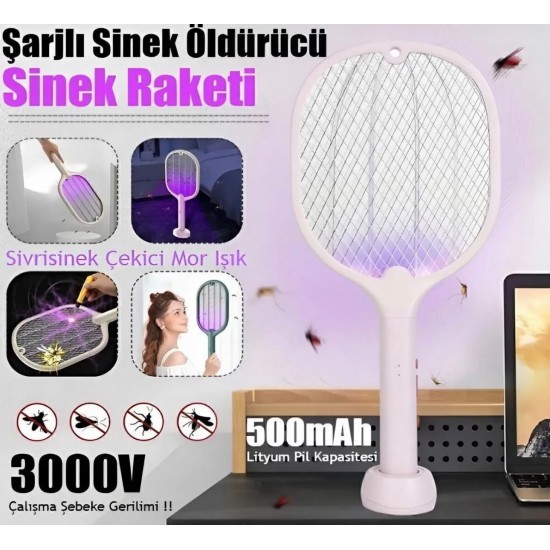 Şarjlı Sinek Öldürücü Sivrisinek Raketi Elektrikli Karasinek Haşere Kovucu Mor Işıklı Sineklik Aleti