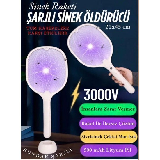 Şarjlı Sinek Öldürücü Sivrisinek Raketi Elektrikli Karasinek Haşere Kovucu Mor Işıklı Sineklik Aleti