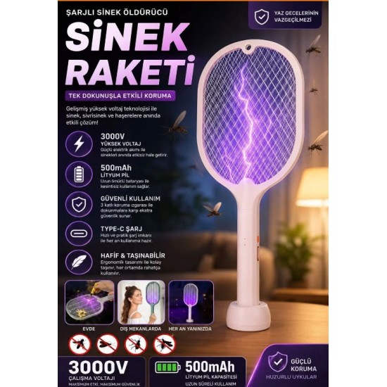 Şarjlı Sinek Öldürücü Sivrisinek Raketi Elektrikli Karasinek Haşere Kovucu Mor Işıklı Sineklik Aleti