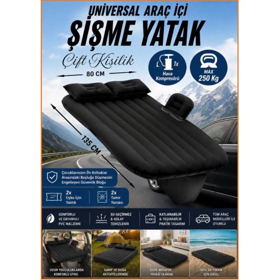 Araç İçi Şişme Yatak Çift Kişilik Seyahat Kamp Yatağı Universal Uzun Yol Uyku İçin Yastık Pompa Seti BLK176