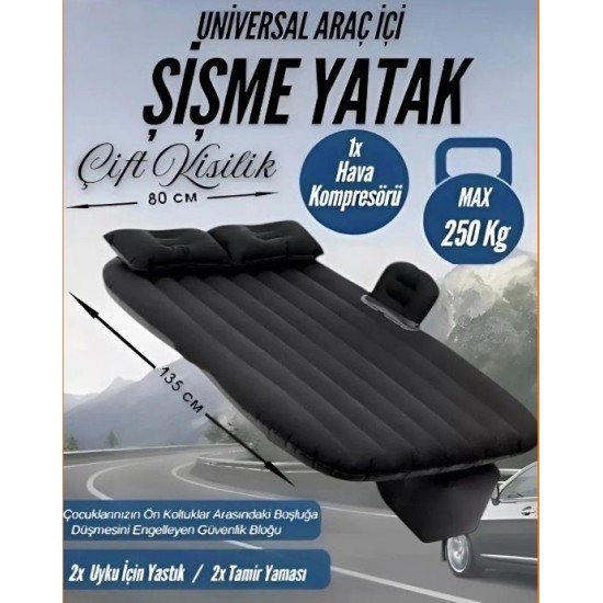 Araç İçi Şişme Yatak Çift Kişilik Seyahat Kamp Yatağı Universal Uzun Yol Uyku İçin Yastık Pompa Seti BLK176